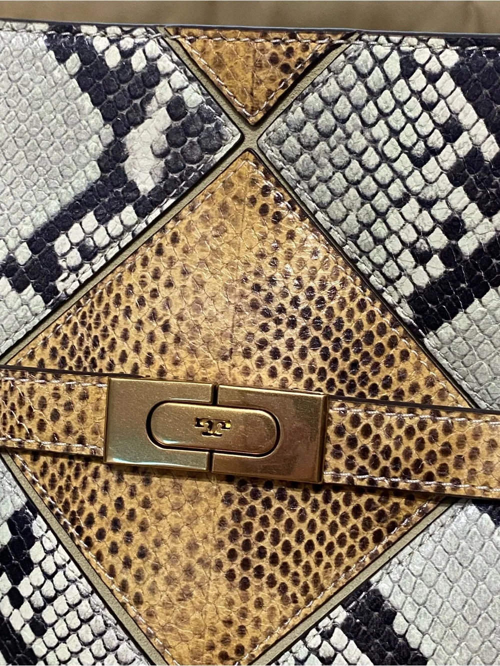 LKNW Tory Burch Lee Radziwill Large Double Bag Leather Snake Python Green Beige